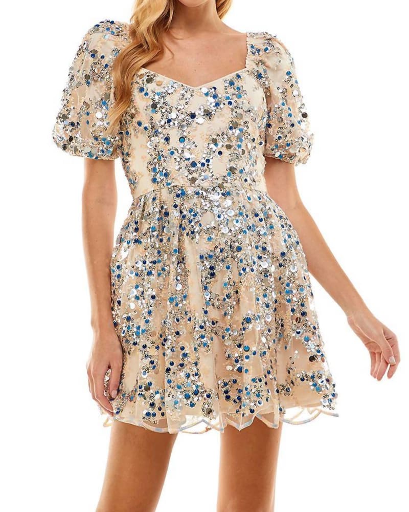 Front of a model wearing a size Large Sequin Sweetheart Dress in Silver, Blue, And Nude Sequins in Silver, Blue, And Nude Sequins by TCEC. | dia_product_style_image_id:337660